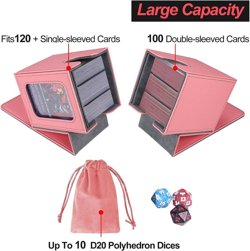 AFIING MTG Deck Box for Commander Display,Card Deck Box Fits 100 Double Sleeved Cards, Magic Commander TCG Card Storage Box with 2 Dividers,Drawstring Bag and 1 Toploader(Pink/grey) - Image 3